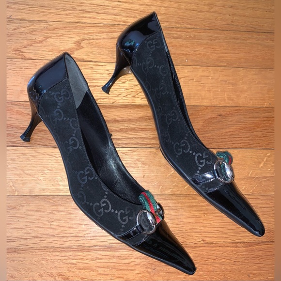 Gucci Horsebit Web Stripe GG Pump Size 7 Black Suede Pointed Toe Kitten Heel - Picture 4 of 9